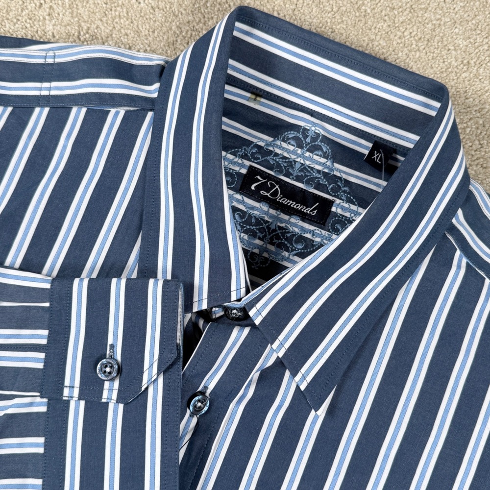 7 Diamonds Button Down Shirt Mens XL Blue Striped Embroidered Long Sleeve